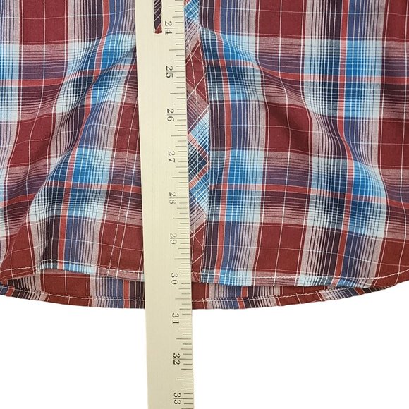 Wrangler Rancher Mens Button Shirt Red Plaid Long Sleeve Pearl Snap Size Large - Picture 9 of 9